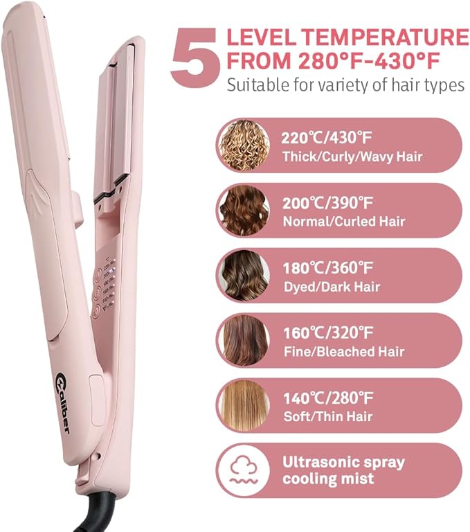 Caliber VaPURE Hair Straightener, Infrared Ultrasonic Spray Mist Flat Iron, Ceramic Plates, 5 Temperature Settings, Pink