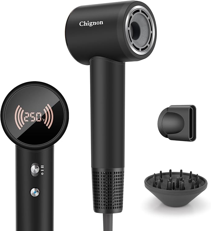 Hair Dryer with Diffuser - Chignon High Speed Mini Blow Dryer, 110,000 RPM Motor, Small Hair Dryer Ionic Smart Temp Control, Magnetic Nozzle, Low Noise, Lightweight, 110V for Fast Styling