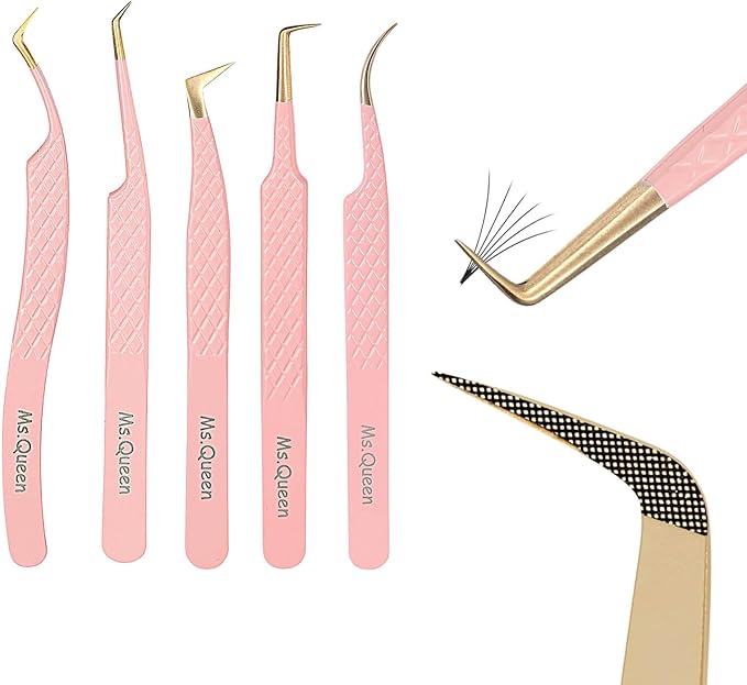 Ms.Queen Eyelash Extension Tweezers, Professional Fiber Tip Lash Tweezers Set of 5,Curved 45 90 Degree Volume Isolation Tweezers