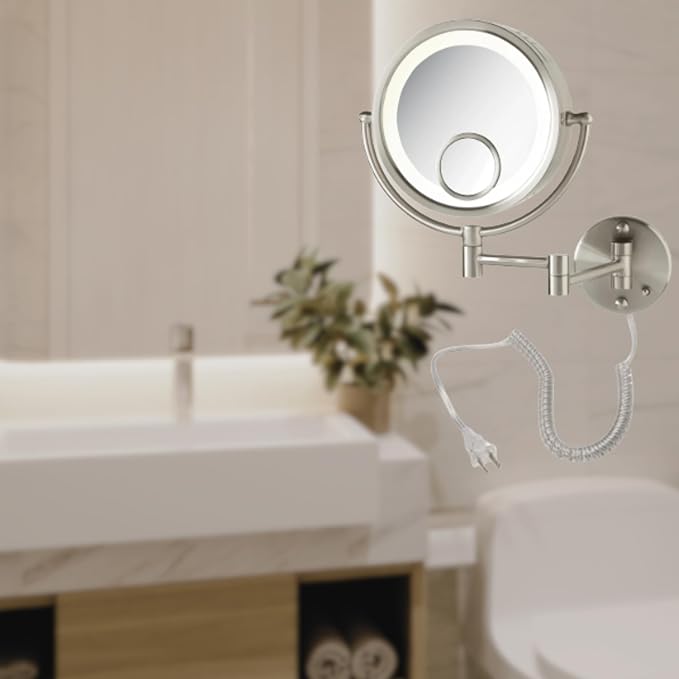 JERDON Plug in Lighted Wall Mount Makeup Mirror - 1X/7X/15x Magnification - Nickel Finish - Model HL8515N
