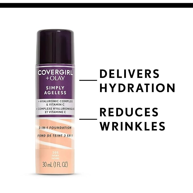CoverGirl & Olay Simply Ageless 3-in-1 Liquid Foundation, Matte Finish, Hyaluronic & Vitamin C Formula, Warm Beige, 1 Count