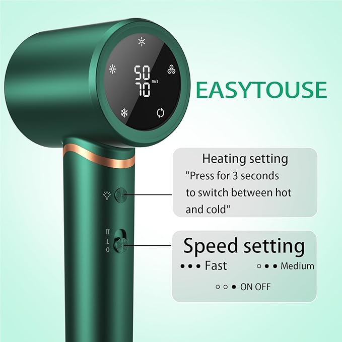 Hair Dryer Negative Ionic Blow Dryer for Fast Drying,Low Noise,Thermo Control Hair Dryer 2 Speed and 3 Heat Settings,Cold Air Button with 1 Diffuser 110000 RPM High Speed Brushless Motor (Green)
