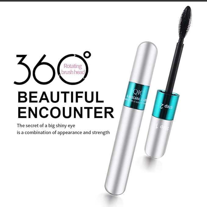 2 Pack 2 in 1 QIC 5x Longer Washable Black Mascara, 4D Silk Fiber Lash 2 Step, No Clumping, Long-lasting Waterproof Lash Cosmetics Beauty Eye Makeup