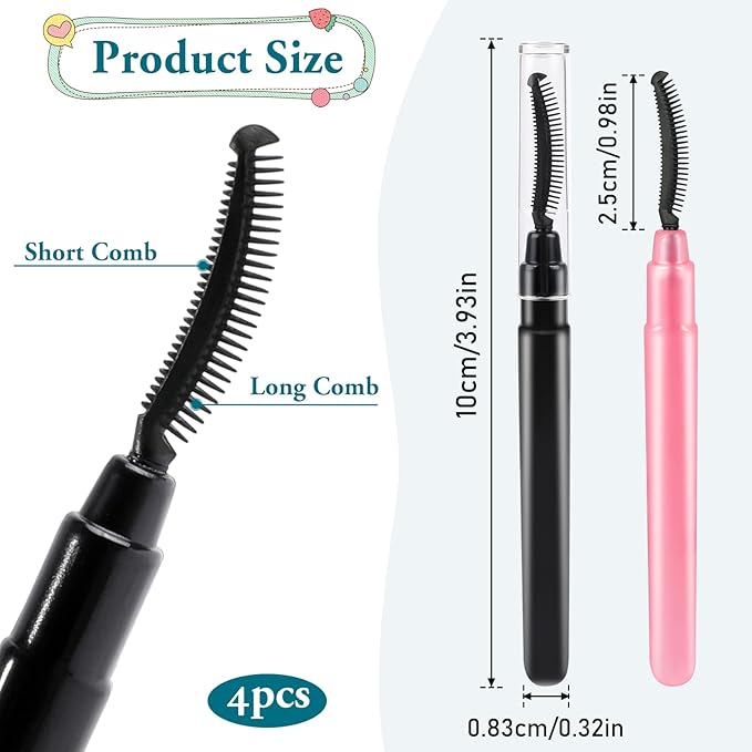 4 Pcs Silicone Eyelash Separator Tool Lash Wand Brush Eyebrow Spoolie Brush Eyelashes Definer with Lid Lash Separating Comb (Pink, Black)