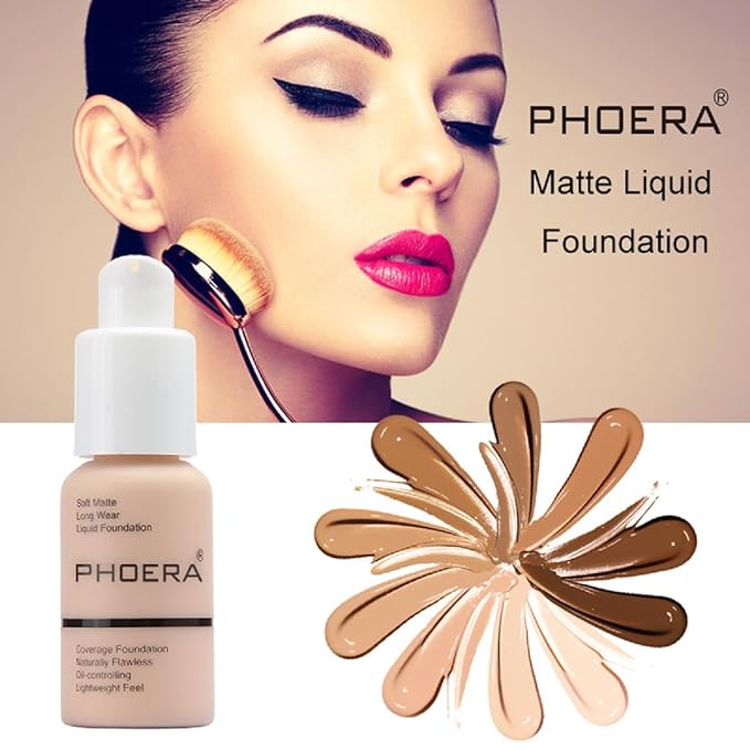2 Pack PHOERA Foundation 101- Porcelain and102- Nude, Full Coverage Flawless Soft Matte 24 HR Oil Control Waterproof Concealer Makeup.