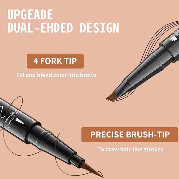 Eyebrow Pen, 2-in-1 Dual-Ended Microblading Eyebrow Pencil, Magical Faux Brow Pen with 4-Fork-Tip & Precise Brush-Tip Create Natural Hair-Like Brow, Waterproof, Stay on All Day, Light Brown