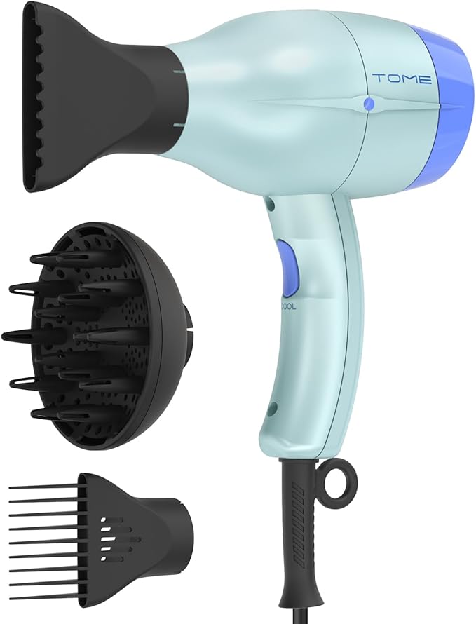 TOME Hair Dryer with Diffuser Blow Dryer Ionic 1875W Cool Shot Curly Hair Teeth Comb Nozzle attachments Light Weight Low Noise Fast Dry Blue