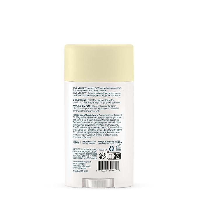 ATTITUDE Deodorant for Sensitive Skin, Aluminum Free & Baking Soda Free, Gentle & Vegan, Long-Lasting Odor Protection, Vanilla Cream Scent, 2.64 Oz