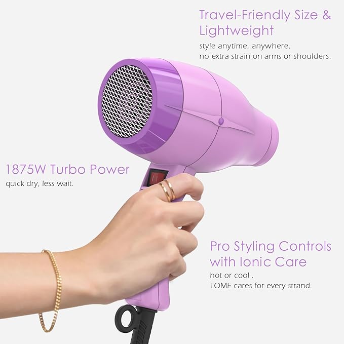 TOME Hair Dryer with Diffuser Blow Dryer Ionic 1875W Cool Shot Curly Hair Teeth Comb Nozzle attachments Light Weight Low Noise Fast Dry Purple