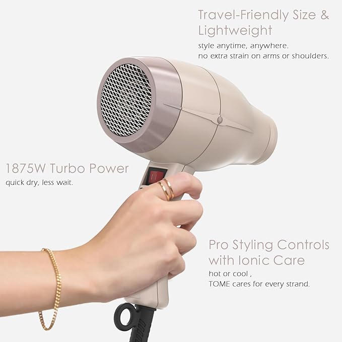 TOME Hair Dryer with Diffuser Blow Dryer Ionic 1875W Cool Shot Curly Hair Teeth Comb Nozzle attachments Light Weight Low Noise Fast Dry Pink