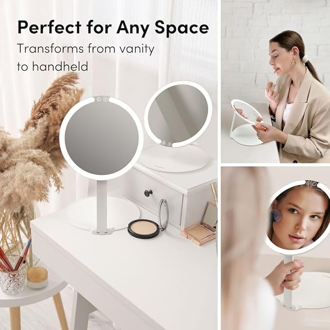 Fancii Abigail Rechargeable Travel Makeup Mirror with LED Light, 8" Foldable Stand, 3 Color Lighting Travel Mirror. Dimmable & Lightweight Portable Vanity Mirror, Beauty Travel Essential