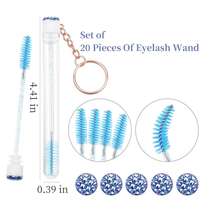 20 Pcs Mascara Wand Tube Set Diamond Key Chain Tube Empty Mascara Brushes & Eyelash Spoolies Brush Makeup Tool Applicator (Deep blue)