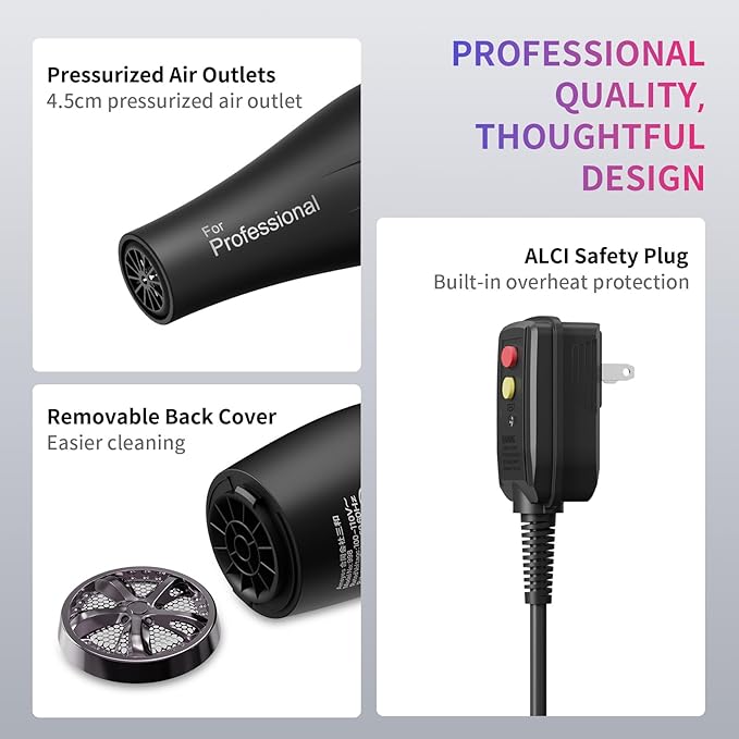 Salon Hair Dryer, Professional Blow Dryer AC Motor Fast Drying with 2 Speed, 3 Heat Setting, Cool Button, with Diffuser, Nozzle, Concentrator Comb for Curly & Straight Hair