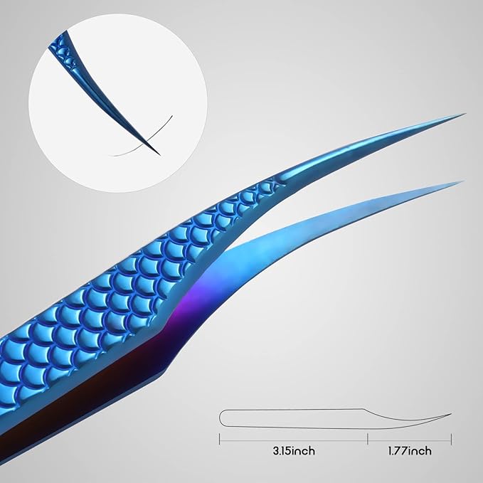 FEITA Diamond Grip Eyelash Extensions Tweezer Lash Precision Tweezers, Japanese Steel Dolphin-shaped Tip, False Lashes Application Tools, Blue 1Pc