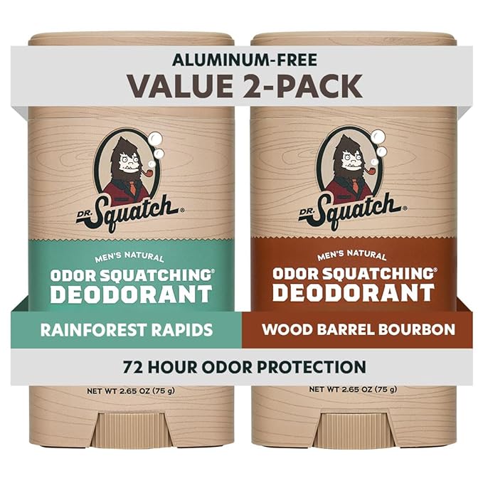 Dr. Squatch Natural Deodorant for Men - Odor-Squatching Aluminum Free - Rainforest Rapids & Wood Barrel Bourbon (2.65 oz, 2-Pack)