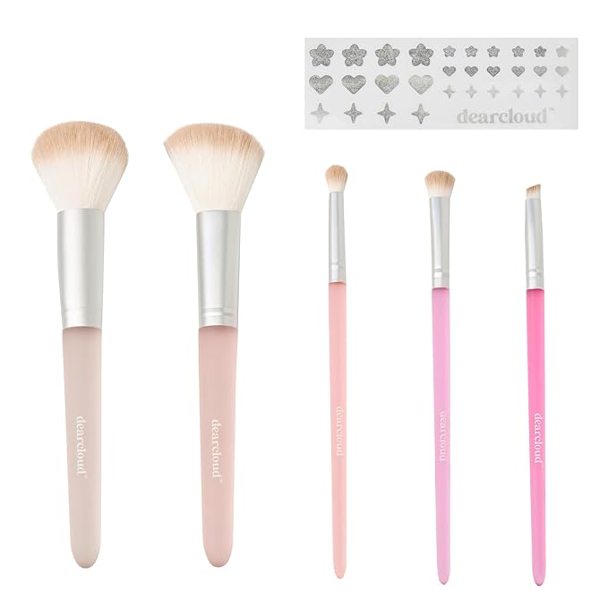 dearcloud Mystic Wonder Makeup Brush Set – 5 Piece Makeup Brushes with Stickers – Eyeshadow, Angled, Precision, Blush & Powder Brush