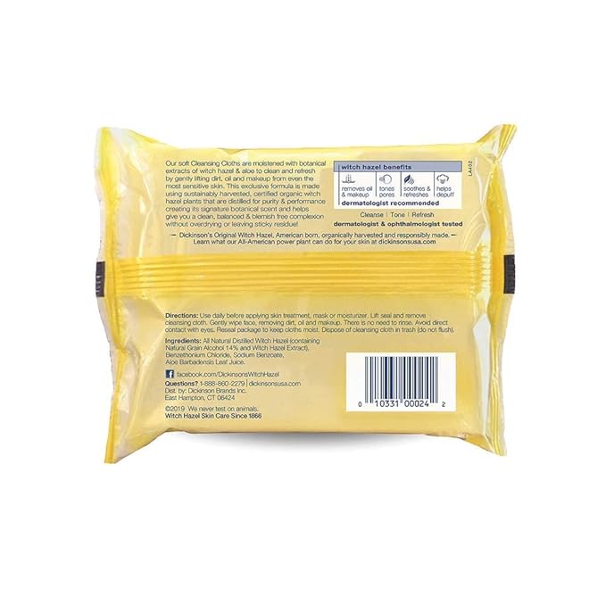 Dickinson's Original Witch Hazel Refreshingly Clean Cleansing Cloths with Aloe, 4 Pack, 25 Cloths per Pack
