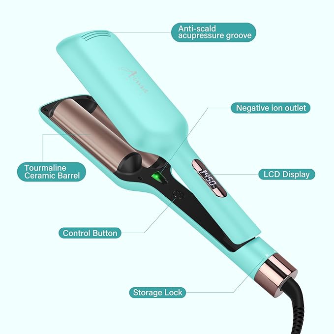 32mm (1.25") Aima Beauty Twins Mermaid Loose Waves Hair Waver, Anti-Scald 2 Barrel Curling Iron, Hair Crimper, Ionic Care Wave Iron Worldwide Dual Voltage 15S Heats Up Medium/Long Hair Light Green