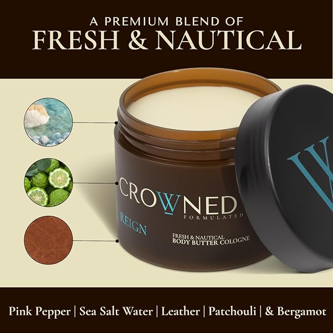 Crowned Skin Reign Body Butter Cologne for Men | Fresh & Nautical | New Moisturizing Formula Scented with Pink Pepper & Bergamot | Infused with Natural Shea & Mango Butters | All-Day Fragrance | 4.4oz