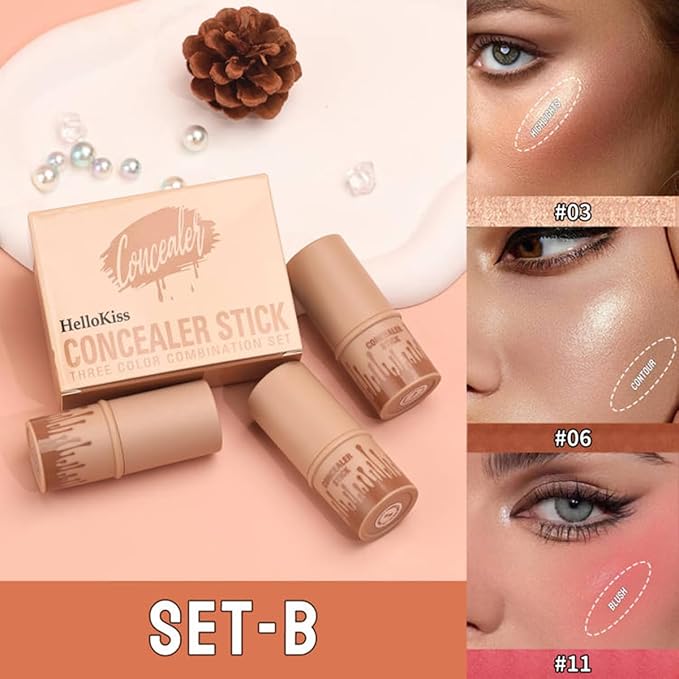 3Pcs Contour Stick Set-Creamy Contour Stick with Blush & Highlighter & Bronzer Not Greasy, Long-Lasting, Waterproof, Contouring Pen Easy to Contour the Face (B)