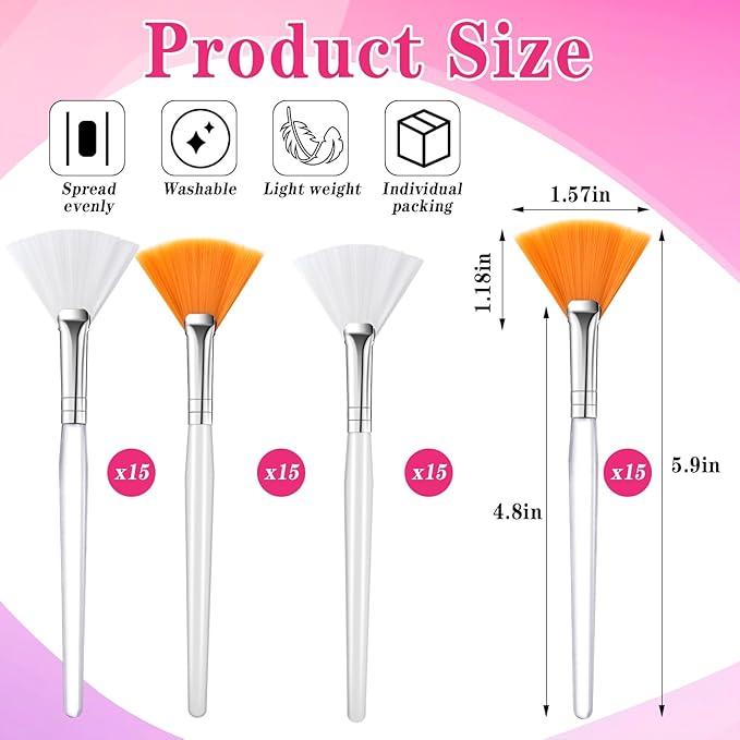 60 Pieces Fan Brushes, Soft Fan Brushes for Facials, Facial Applicator Brush for Women Girls, Facial Brushes Esthetician for Mud Clay Mask, Makeup, Yellow, White