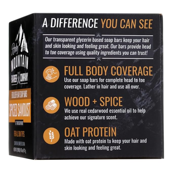 Men’s All-in-One Shampoo & Body Soap Bars – Extra Thick 1.6” Glycerin Hair & Body Soap Bars - 2 Soaps - Spiced Sawdust Scent - with Coconut Oil, Oat Protein & Cedarwood Oil - Made in USA - 14.5 oz