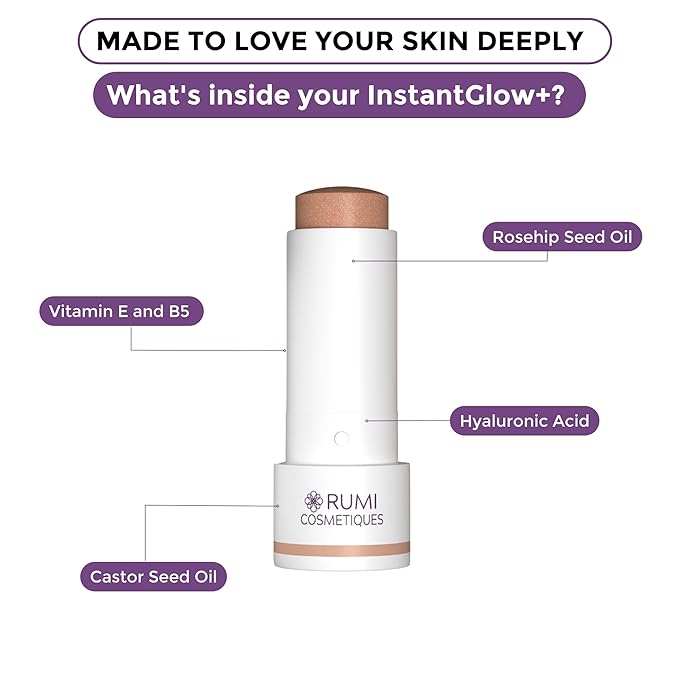 InstantGlow+ Multipurpose 4-in-1 Highlighter Stick For Older Women - Radiant Glow & Nourishing Formula - For Face, Shoulders, Decolletage - For Sensitive Eyes (Cinnamon, Regular)
