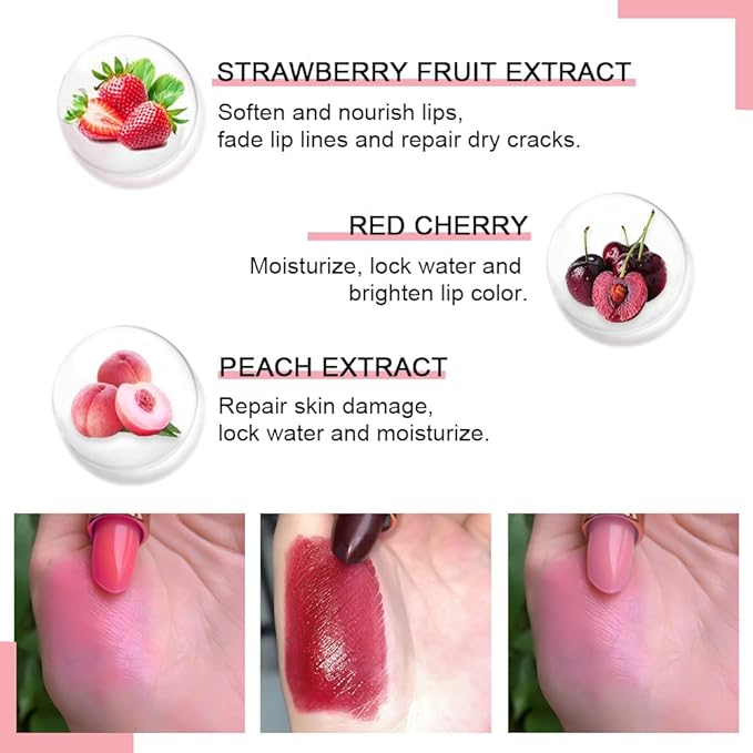BINGBRUSH Aloe vera Color Changing Lipstick,Moisturizer Long Lasting Lip Care Magic Lip Gloss,Makeup Lipstick Set (3Pcs Strawberry+ Red Cherries+ Peach, 3 Count (Pack of 1))