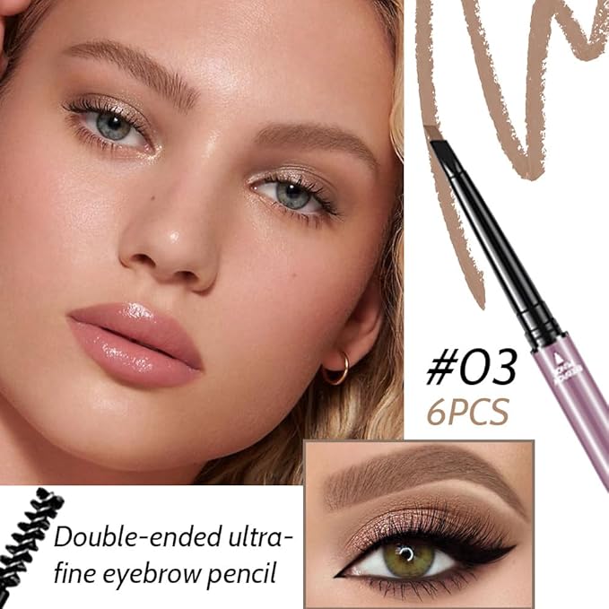 6 Pcs Light Brown Eyebrow Pencils for Women,with Spoolie Brush,Eyebrow Pencil Soft Textured,Waterproof Sweat-proof for Fills in Sparse Areas and Gaps Create a Natural Eye Brow,Vegan & Cruelty-Free