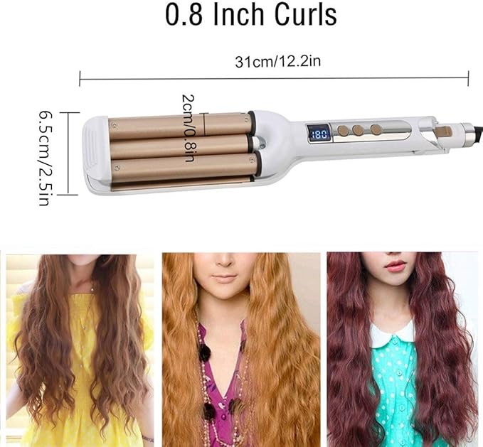 Crimper Hair Iron, Ceramic Hair Crimper Hair Waver 3 Barrel Curling Iron 0.6 inch / 16mm Perm Instant Curls,Hair Crimper and Wavers, Valentines Mothers Day Gifts for Women (Champagne)