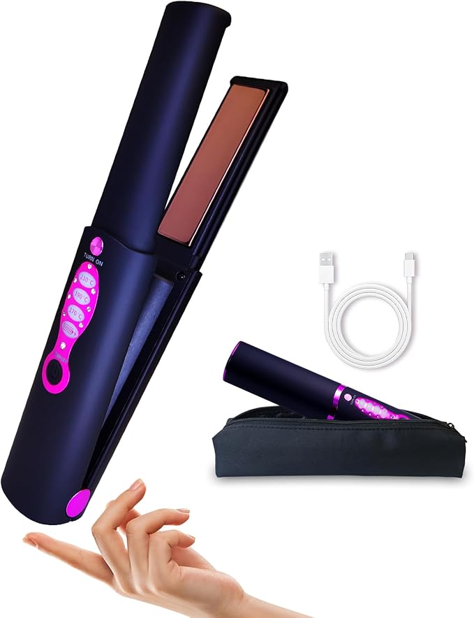 Small Titanium Flat Iron for Short Hair, Mini Cordless Hair Straightener and Curler for Travel, Dual Voltage, Portable, USB-C Rechargeable, Fast Heating, 5000mAh Battery, 3 Temp Settings(Decent Black)