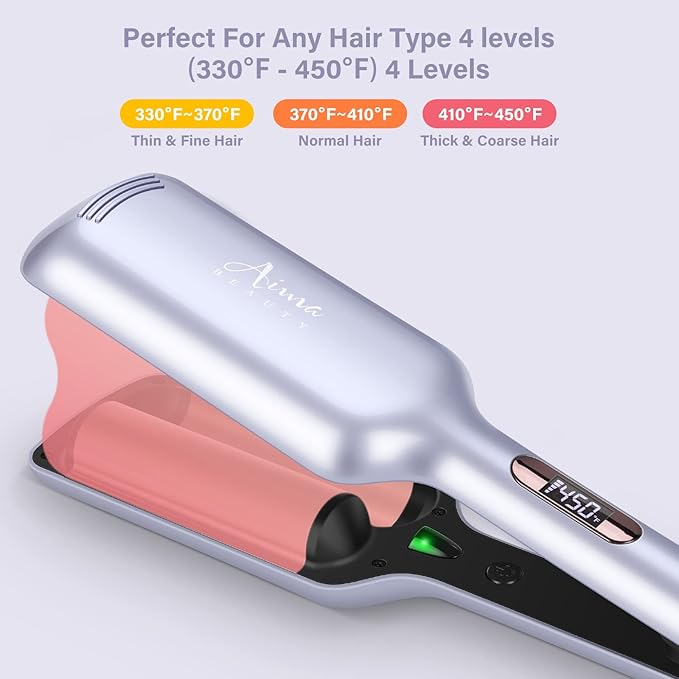 32mm Aima Beauty 2 Barrel Curling Wand Big Wave Mermaid Hair Waver, Anti-Scald Curling Iron, Negative Ionic Emitter Lock Moisture Worldwide Dual Voltage Medium/Long Hair (Purple)