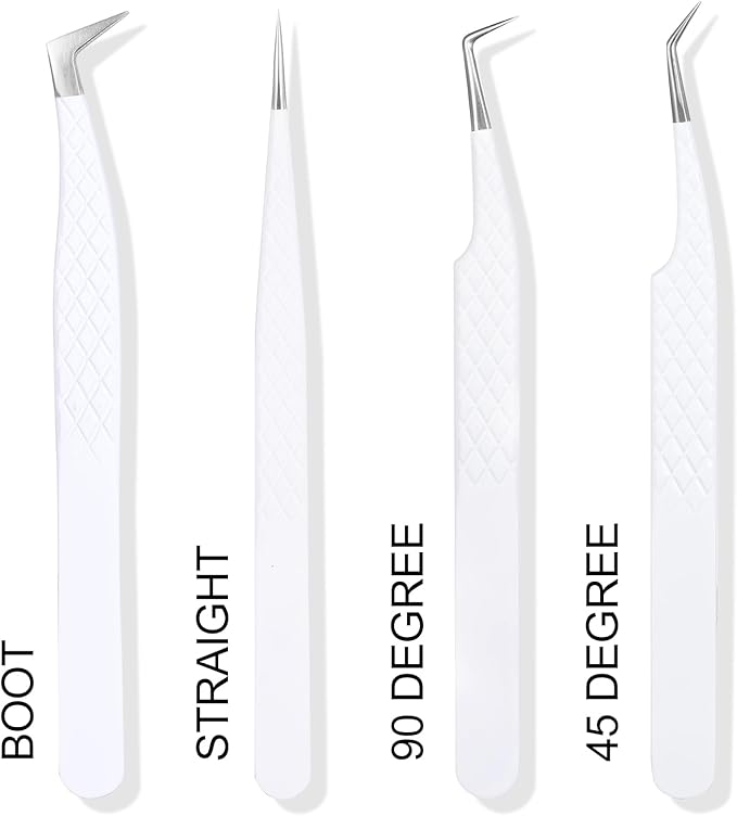 Fiber Tip Lash Tweezers For Eyelash Extension 4 Pcs Tweezers Professional Artist Tech Work Kit Tools,Best Volume Eyelash Extensions Precision 90 45 Degree(White Silver)