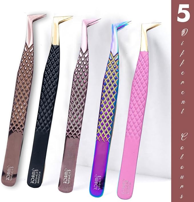 5 Pcs Fiber-Tip Japanese Steel Lash Tweezer Set with Leather Case, Professional Eyelash Tweezers for Lash Extensions – Titanium Coated, 90 & 45 Angled, Precision Pointed Tweezers (METALIC-ROSE)