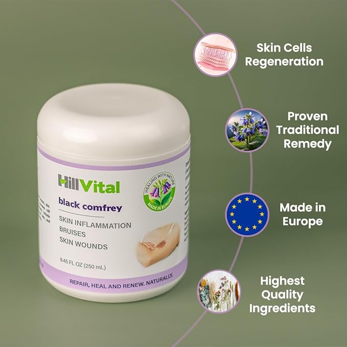 HillVital Bruise Cream Extra Strength, Fast Healing for Thin Skin - Premium Bruise Gel, and Comfrey Salve for Bone Healing, Herbal Salve Comfrey Balm for Pain, Moisturizing Bruse Formula Scar Cream