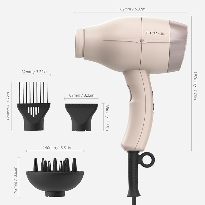TOME Hair Dryer with Diffuser Blow Dryer Ionic 1875W Cool Shot Curly Hair Teeth Comb Nozzle attachments Light Weight Low Noise Fast Dry Pink