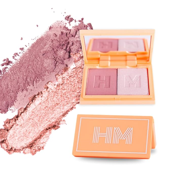 Blush + Brighten Highlighter Duo, Mini Lightweight Blendable Shimmer Blush, High Pigmented Makeup Powder Palettes, Cruelty Free - Don't Hurry, Be Happy!