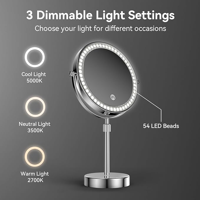 Nicesail LED 7X Make up Mirror of 8 Inch, 4000 mAh Rechargeable Mirror with Light of 3 Colors, Brightness Adjustable, Height Adjustable, Double Sided in Chrome Finish (8 Inch, 7X)