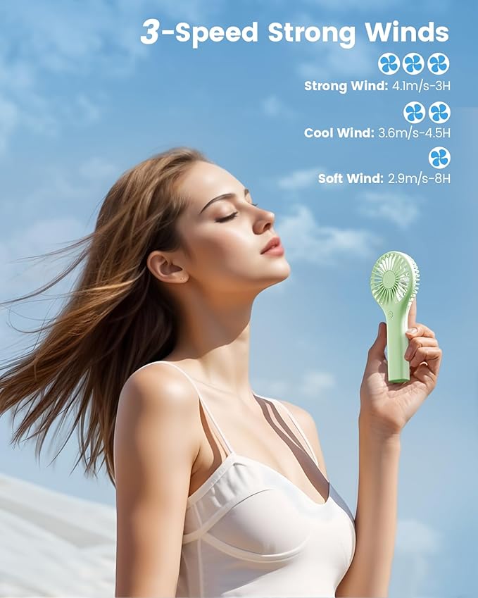 Portable Mini Fan - Powerful Personal Handheld Fan with 3 Speeds, Cute and Small, USB Rechargeable for Travel/Lash/Makeup/Outdoor/Home, Green