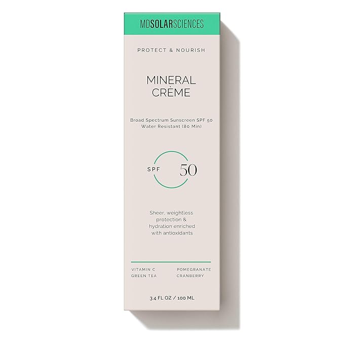 MDSolarSciences Mineral Crème Sunscreen SPF 50 | Water-Resistant, Broad Spectrum UV Protection | Zinc Oxide Formula with Antioxidants | No White Cast, Sheer Matte Finish for All Skin Types (3.4 Fl Oz)