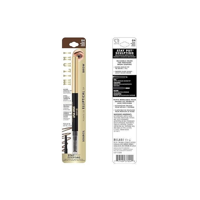 Milani Stay Put Brow Sculpting Mechanical Pencil - Dark Brown (0.01 Ounce) Cruelty-Free Long-Lasting Eyebrow Pencil that Defines and Shapes Brows