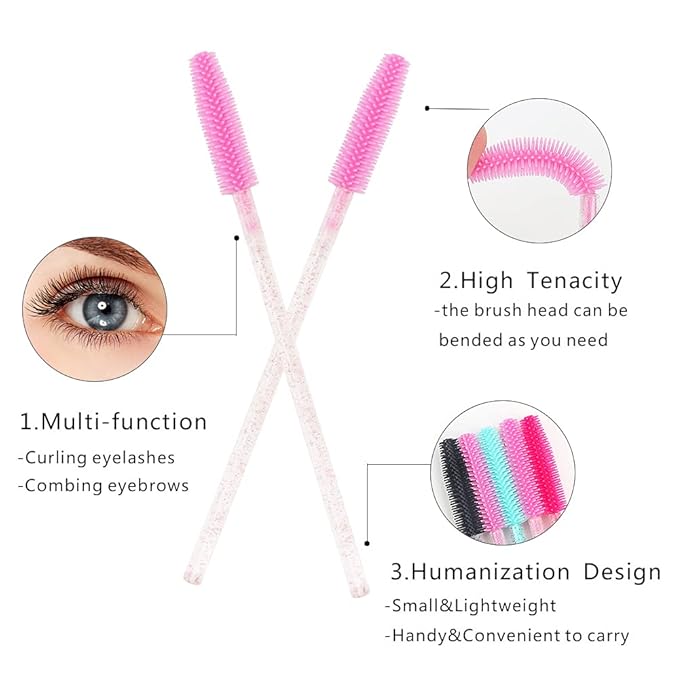 Pack of 100 Disposable Silicone Eyelash Extension Spoolie Brush Mascara Brushes Wands Applicator (crystal all pink)