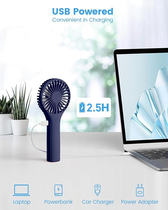 Portable Mini Fan - Powerful Personal Handheld Fan with 3 Speeds, Cute and Small, USB Rechargeable for Travel/Lash/Makeup/Outdoor/Home,Dark Blue