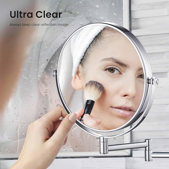 KIBI Circular Wall Mount Makeup Mirror, Dual-Sided 1x/5x Magnifying Mirror with Extendable Arm, 360° Swivel, Solid Brass Construction for Durability and Style (Chrome, KMM100)