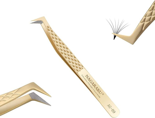 NAGARAKU Precision Fiber Tip Tweezer for Eyelash Extensions Diamond Grip Anti-Static Anti-Slip Premium Stainless Steel Pointed Volume Eyelashes Boot Tweezers Supplies with Box(L Typ Tweezers AG-09)