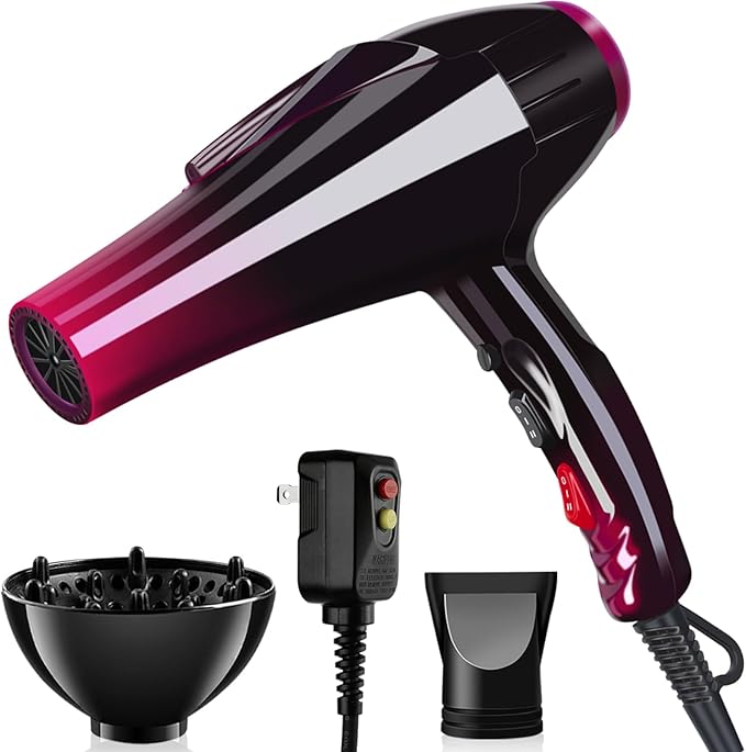 Ionic Hair Dryer with 3500W Motor, 3 Heat/2 Speed Settings, 2 Nozzles, 1 Diffuser for Professional Home Salon Use - Purple