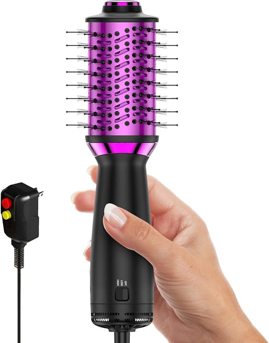 DORISILK Small Dual Voltage Blow Dryer Brush for Travel,4 in 1 Blow Dryer Brush for Drying Straightening Curling Volumizing，Travel Hot Air Styler with European Plug，2 Inch Oval Barrel