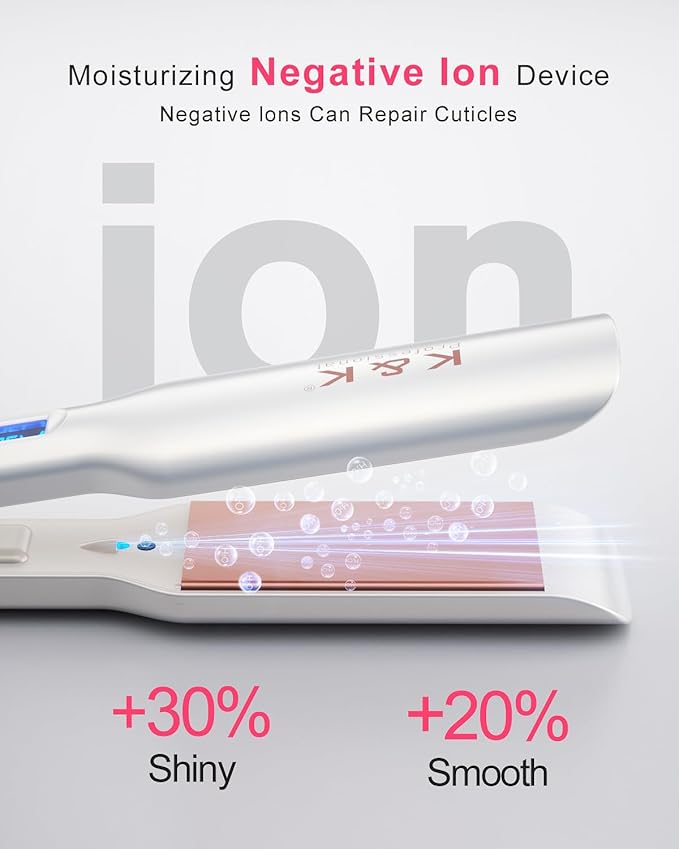 K&K Wide Flat Iron Hair Straighteners, Salon Quality 1.65 Inch Negative Ion Function Flat Irons, Ceramic Tourmaline Coated Plate for Less Frizz, Shinier & Smoother Hair