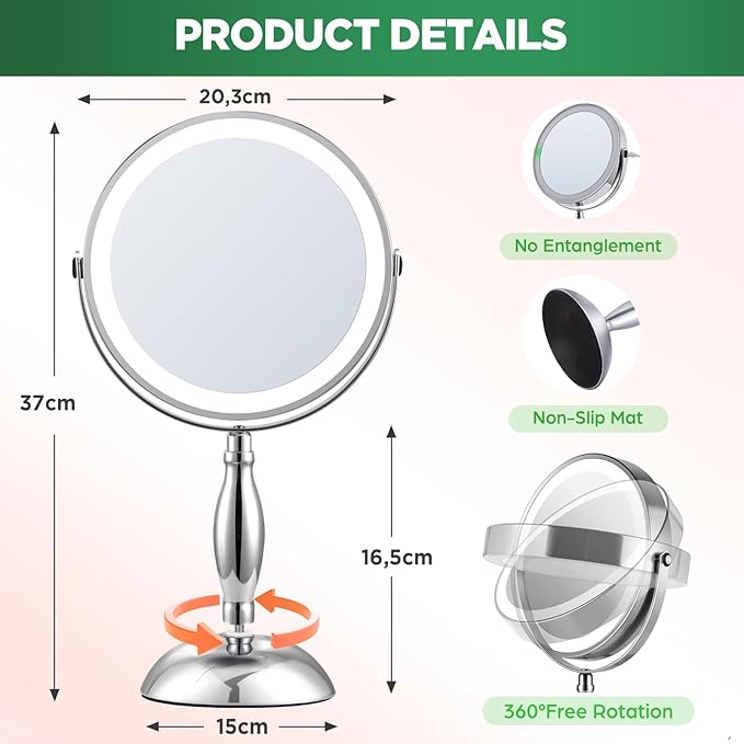30x Magnifying Mirror, Lighted Makeup Mirror with 3 Colors Modes & Adjustable Brightness, 5000mAh Rechargeable, 360° Rotation Double Side, Large Magnifying Vanity Mirror, Gifts for Women