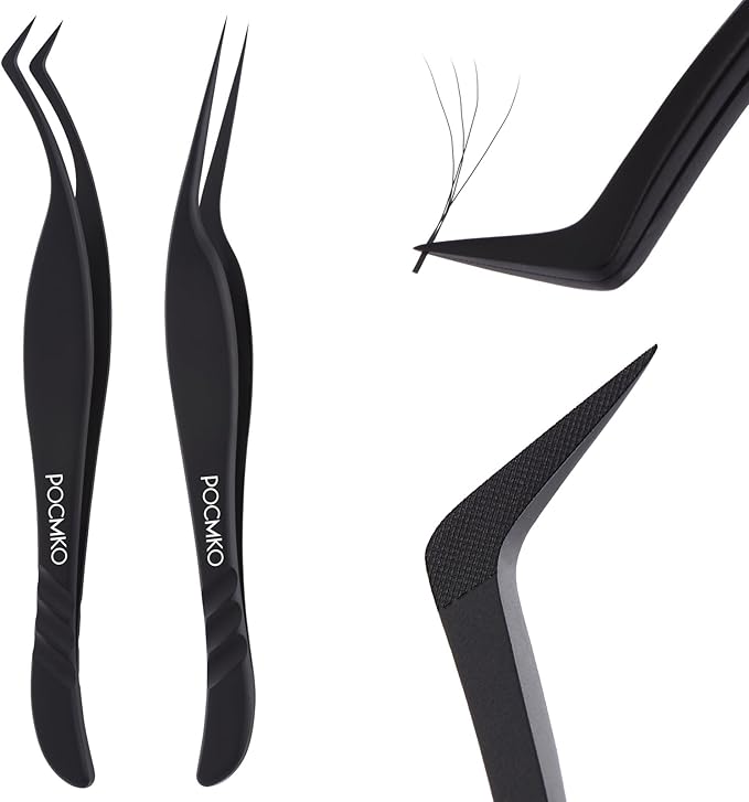 Lash Extension Tweezers, Professional Fiber Tip Lash Tweezer Set for Classic & Volume Lashes, High Precision Eyelash Tweezers Kit– Black Set of 2, Ideal for Lashes Artists